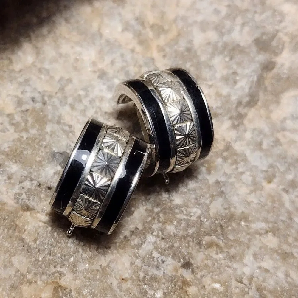 VTG CX Bright Cut Sterling Silver 925 Black Enamel Wide Hoop Hugger Earrings